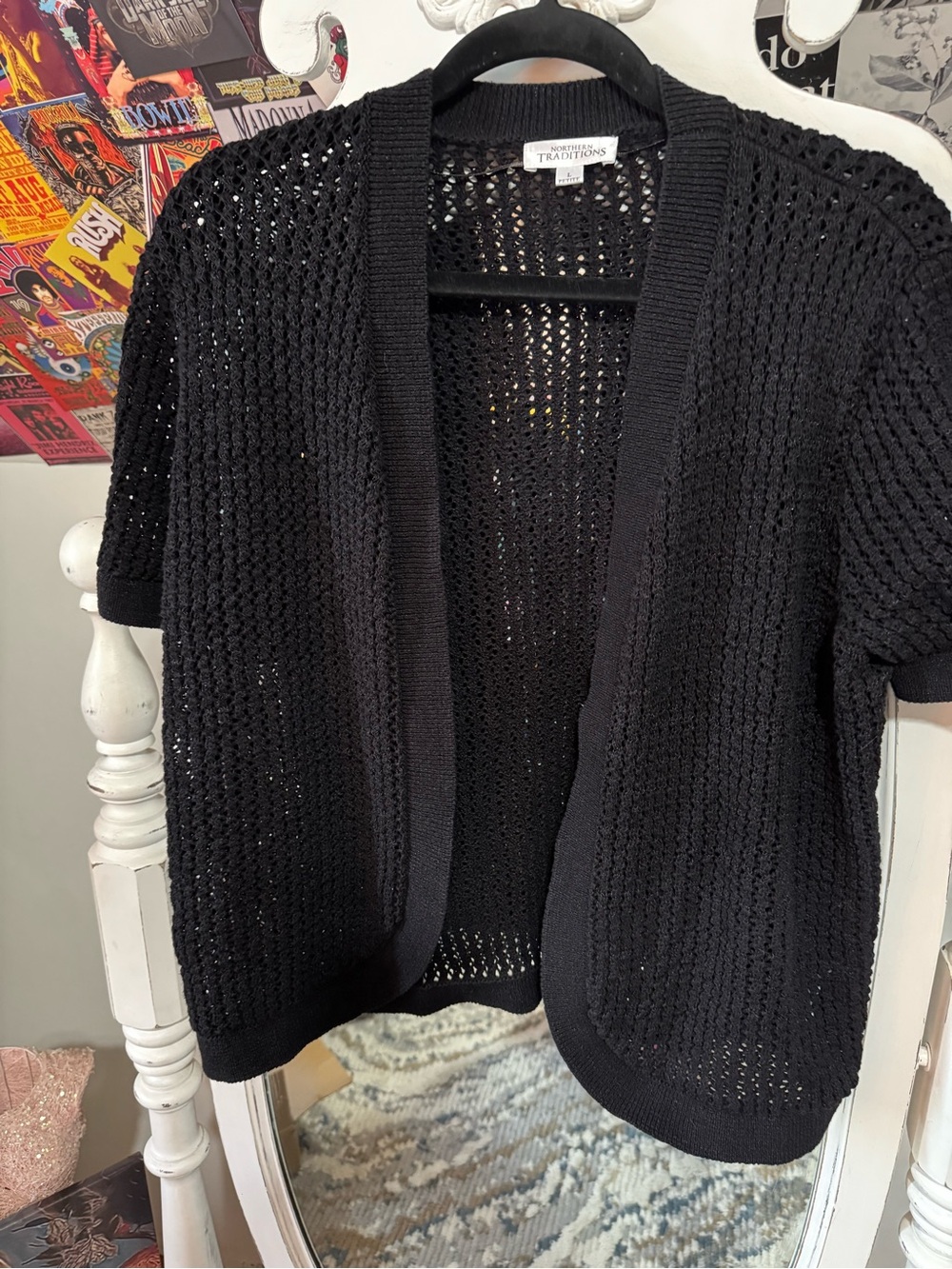 Short-Sleeve Open-Knit Cardigan - Black